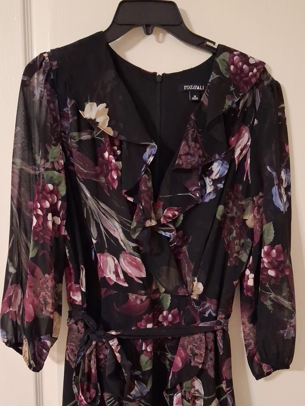 Roz & Ali Black Floral Ruffle Wrap Dress with Purple and Green Blooms
